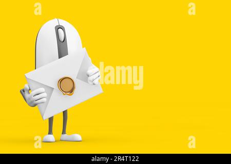 Computer Mouse Cartoon Person Character Mascot with White Blank Envelope on a yellow background. 3d Rendering Stock Photo