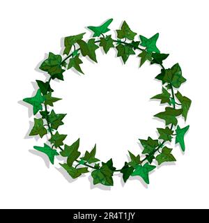 Ivy liana grass with green leaves. Cartoon thick round border for greeting card decorating, invitation cards. Colored vector isolated on white backgro Stock Vector