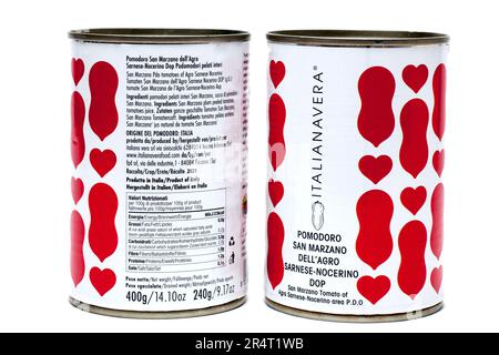 Two Tins of Italianavera Vero Pop San Marzano PDO Peeled Tomatoes Stock Photo