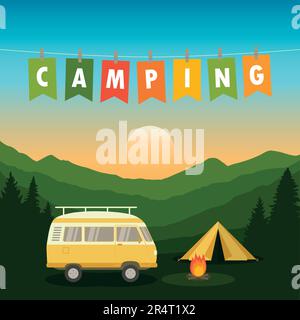 camping adventure in the wilderness tent and camper van on forest mountain landscape Stock Vector