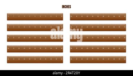 Realistic various wooden rulers with measurement scale and divisions, measure marks. School ruler, centimeter and inch scale for length measuring Stock Vector