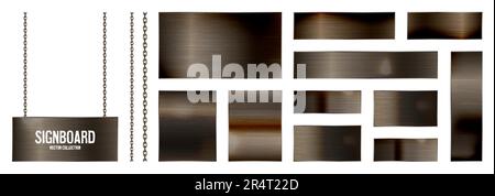 Metal banners hanging on a chain. Realistic shiny steel plate with screws. Polished rusty metal surface. Vector illustration Stock Vector