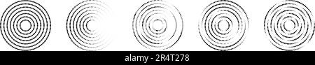 Set of circular ripple icons. Concentric circles with interrupted dotted lines isolated on white background. Vortex, sonar wave, soundwave, sunburst Stock Vector