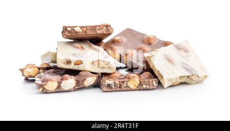 Dark and white chocolate bars with nuts isolated on the white background. Stock Photo