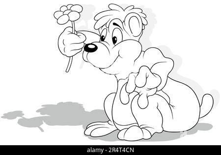 Drawing of a Cute Sitting Teddy Bear with a Flower Stock Vector