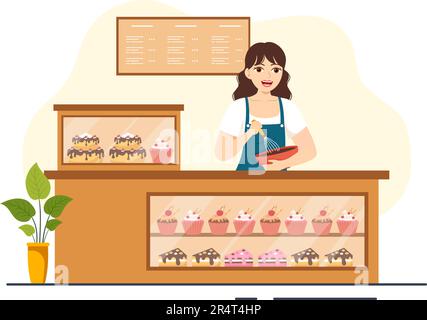 Confectioner Vector Illustration with Chef Wearing Apron Preparing Dessert, Sweet Products and Pastry in Flat Cartoon Hand Drawn Templates Stock Vector