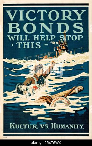 The sinking of the HMHS Llandovery Castle - World War I Propaganda (1918). Canadian Victory Bonds Poster - 'Victory Bonds Will Help Stop This' Kultur vs Humanity Stock Photo