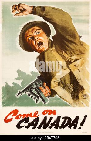 World War II Propaganda (Wartime Information Board, Ottawa, 1942) 'Come on Canada!' - a soldier with a machine gun calling on his fellow citizens to enlist Stock Photo