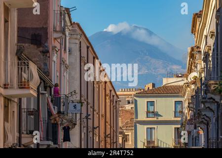 View of Mount Etna and street near Castello Ursino, Catania, Sicily, Italy, Europe Stock Photo