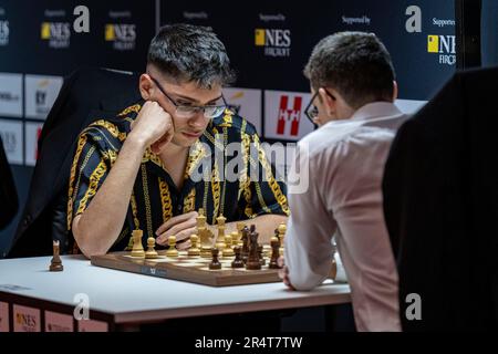 Stavanger 20230529.Magnus Carlsen plays blitz chess against Dommaraju Gukesh  during Norway Chess 2023 which is held in Finansparken in Stavanger. Photo:  Carina Johansen / NTB Stock Photo - Alamy