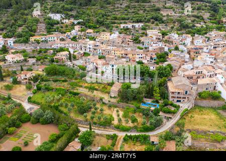 Aerial view of Bunyola village, Bunola, Serra de Tramuntana mountain range, Majorca, Mallorca, Balearic Islands, Spain, Europe Stock Photo