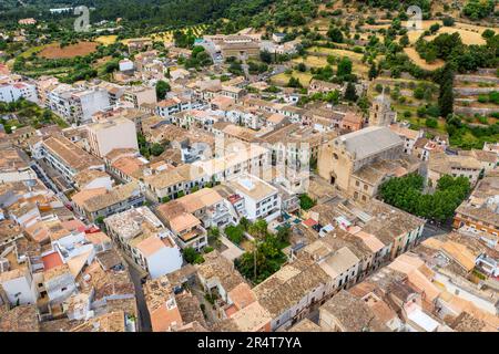 Aerial view of Bunyola village, Bunola, Serra de Tramuntana mountain range, Majorca, Mallorca, Balearic Islands, Spain, Europe Stock Photo