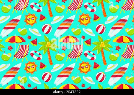 Beach Themed Summer Seamless Pattern. Beach chair, coconut tree, umbrella, ball, lifebuoy, hat, sun and watermelon. Perfect for design assets Stock Vector