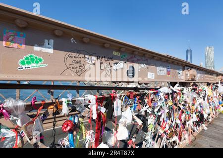 US, New York, Locks and good luck/Love charms on the Brooklyn Bridge. Stock Photo