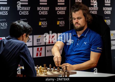 Stavanger 20230529.Magnus Carlsen plays blitz chess against Dommaraju Gukesh  during Norway Chess 2023 which is held in Finansparken in Stavanger. Photo:  Carina Johansen / NTB Stock Photo - Alamy