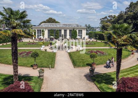 Appolo’s view of the Italian Garden with the Orangery at Mount Edgcumbe Park Cornwall Whitsun 2023 Stock Photo