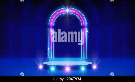 Neon frame, led arch, podium, stage. Background, backdrop displaying ...
