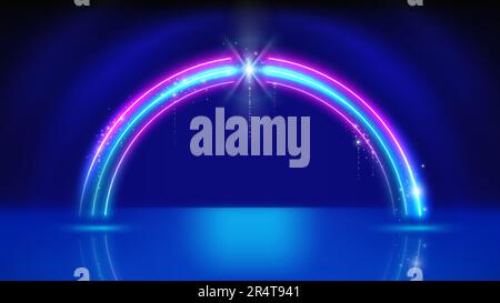 Neon frame, led arch, stage. Background, backdrop displaying products. Light led lines. Blue pink purple neon arch, frame. Glowing sparkling portal Stock Vector