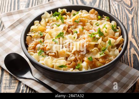 Noodles with stewed cabbage Austrian cuisine closeup on the bowl on the table. Horizontal Stock Photo