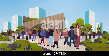 multiethnic people group walking outdoor mix race men women citizens crowd going along city street Stock Vector