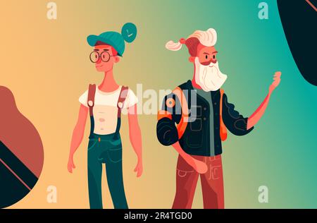 men in casual clothes standing together senior and young male cartoon characters posing on camera Stock Vector