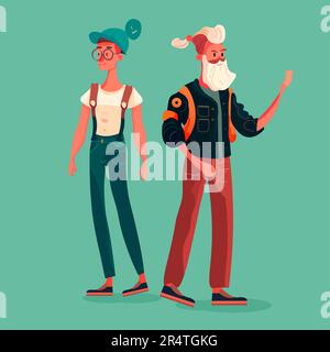 men in casual clothes standing together senior and young male cartoon characters posing on camera Stock Vector