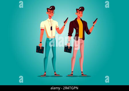 businessmen with smartphones standing together business men couple male cartoon characters posing on camera Stock Vector