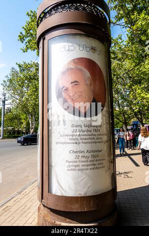 Charles Aznavour Armenian - French singer, lyricist commemorative stand, street tube, Yerevan Armenia Stock Photo