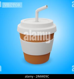 3D render of a cup with coffee and a straw. Fast food. An invigorating drink. Bright Illustration in cartoon, plastic, clay 3D style. Isolated on a wh Stock Vector