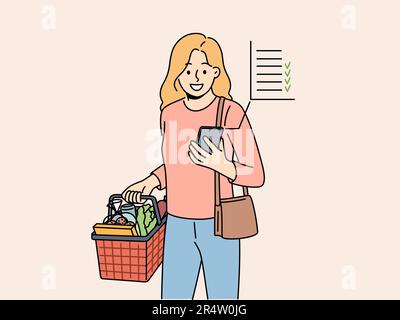 Smiling woman grocery shopping with list on cellphone. Happy female buy groceries in supermarket with planner on smartphone. Vector illustration.  Stock Vector
