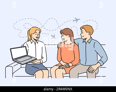 Smiling tour operator showing travel offer on laptop to excited couple clients. Happy agent recommend trip to customers in office. Tourism. Vector illustration.  Stock Vector