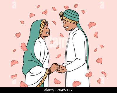 Smiling Arabic man and woman in traditional wedding costumes enjoy marriage ceremony. Happy bride and groom during cultural ethnic celebration. Vector illustration.  Stock Vector