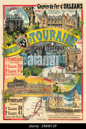 Chemin de Fer d'Orléans. Excursions en Touraine et aux Châteaux des bords de la Loire by Gustave Fraipont (1849-1923). Poster published in 1892 in France. Stock Photo