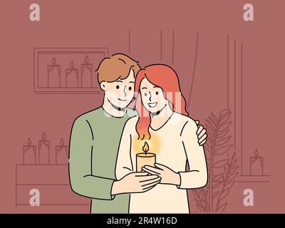 Smiling couple hug holding burning candle in hands enjoy romantic evening at home. Happy man and woman with candlelight in darkness. Love and romance. Vector illustration.  Stock Vector