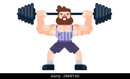 Strong bodybuilder man lifts barbell. Weightlifting concept. Flat style vector illustration Stock Vector