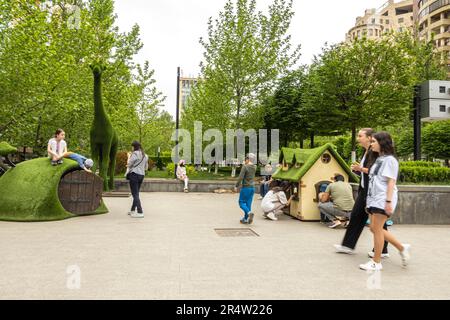 Park for children with greensculptures depicting forest life, animals. Yerevan Armenia Stock Photo