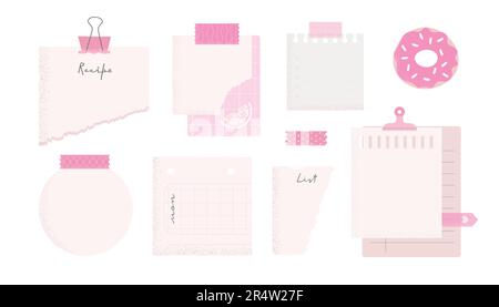 Stickers, note papers, planner doodles vector illustrations collection. Pink color, bright set for diary, notepad. Stock Vector