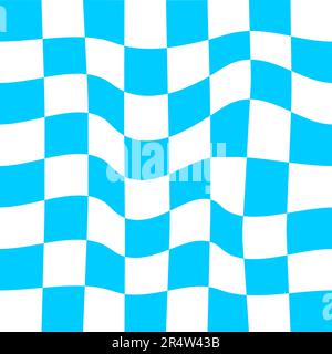 Distorted blue and white chessboard background. Chechered visual illusion. Psychedelic pattern with warped squares. Dizzy checkerboard texture Stock Vector