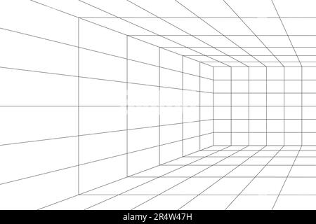 Part of room, hall, studio or portal wireframe in perspective. Box grid structure. Mesh in 3D dimension. Isometric net frame. Engineering Stock Vector