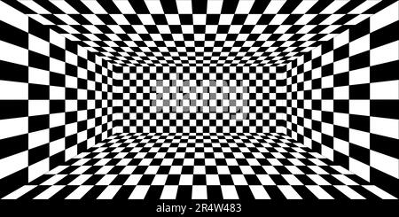 Rectangle room with checkered surface. Hall, studio or portal interior texture in perspective. Inside structure of box with black and white squared Stock Vector