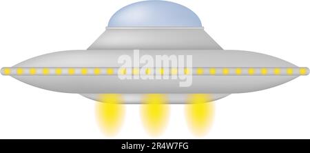 Silver alien spaceship. Flying saucer 3d. UFO alien space travel vehicle isolated. Vector illustration. Stock Vector