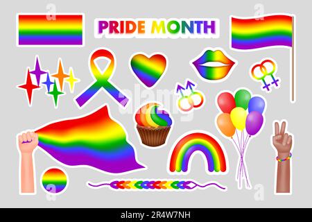 Vector set of stickers symbols of the LGBTQ community. Pride month icons. Rainbow, hands of people with LGBT flag, balloons, rainbow lips, heart. Vect Stock Vector