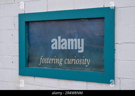 A teal green colored wooden frame around a black chalkboard that's hanging on a white brick building. The saying fostering curiosity is yellow text. Stock Photo