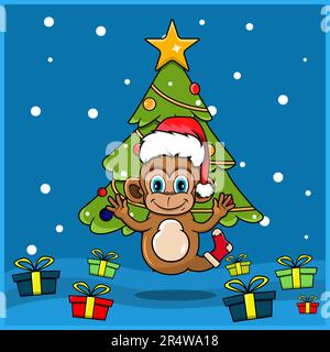 Cute Animal Christmas With Monkey Character Design, Wearing Sock And Hat Christmas. Woodland Background. Perfect For Background, Greeting Card, Label Stock Vector