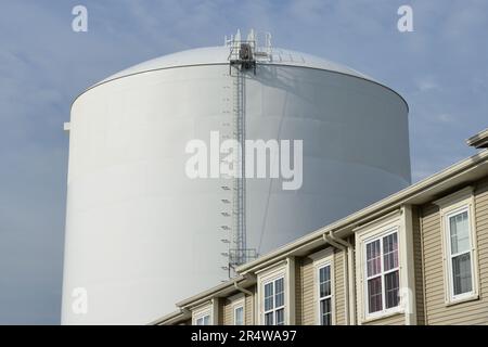 The exterior of a tall white metal industrial cylinder tower with a ladder on the side of the liquid crude petroleum refinery storage container Stock Photo