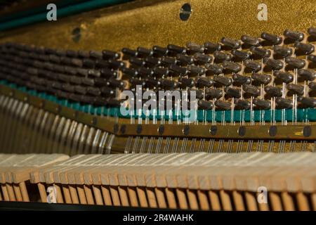 Repair of a stringed musical instrument. The interior of a piano with brass metal strings and a wooden mallet. Old fashioned musical instrument for pe Stock Photo