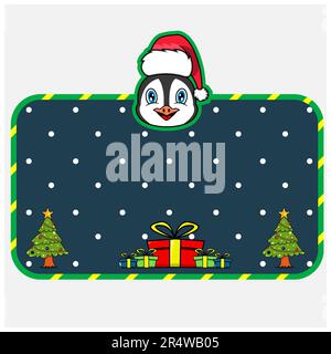 Christmas and New Year Greeting Card With Penguin Character Design. Head Animal Wearing Christmas Hat. Vector And Illustration. Stock Vector