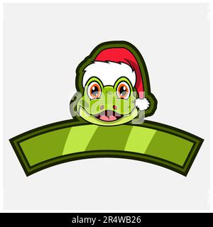 Frog Head Character Logo, icon, watermark, badge, emblem and label with Christmas Hat. Vector And Illustration. Stock Vector