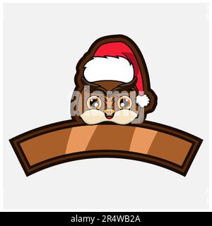 Owl Head Character Logo, icon, watermark, badge, emblem and label with Christmas Hat. Vector And Illustration. Stock Vector