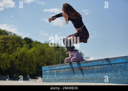 Roller Blader Grinding On Rail Skatepark Stock Photo 525113458